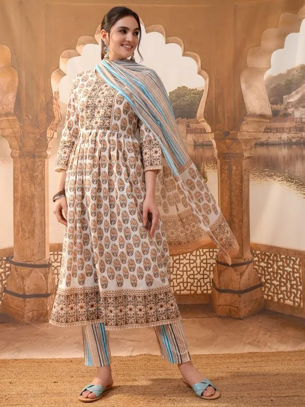 Vishudh Women Brown Printed Kurta With Trousers And Dupatta