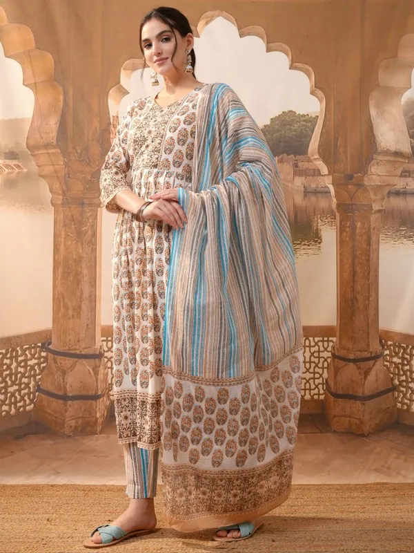 Vishudh Women Brown Printed Kurta With Trousers And Dupatta