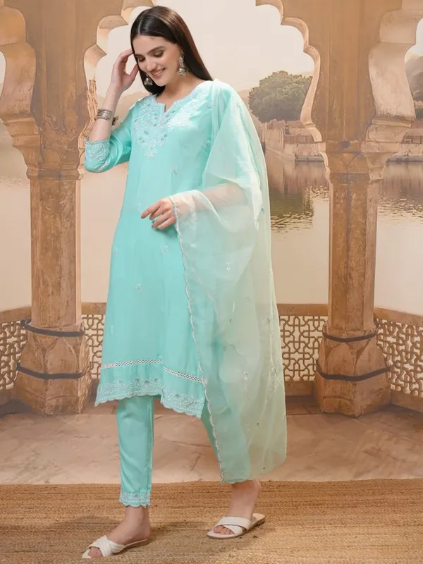 Vishudh Women Turquoise Embroidered Kurta With Trouser And Dupatta