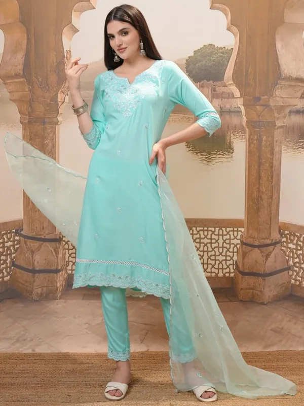 Vishudh Women Turquoise Embroidered Kurta With Trouser And Dupatta