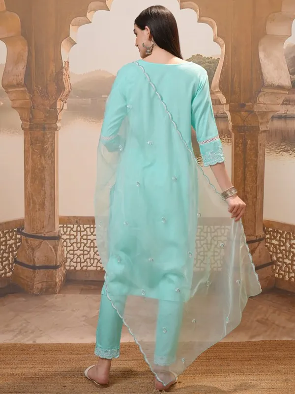 Vishudh Women Turquoise Embroidered Kurta With Trouser And Dupatta