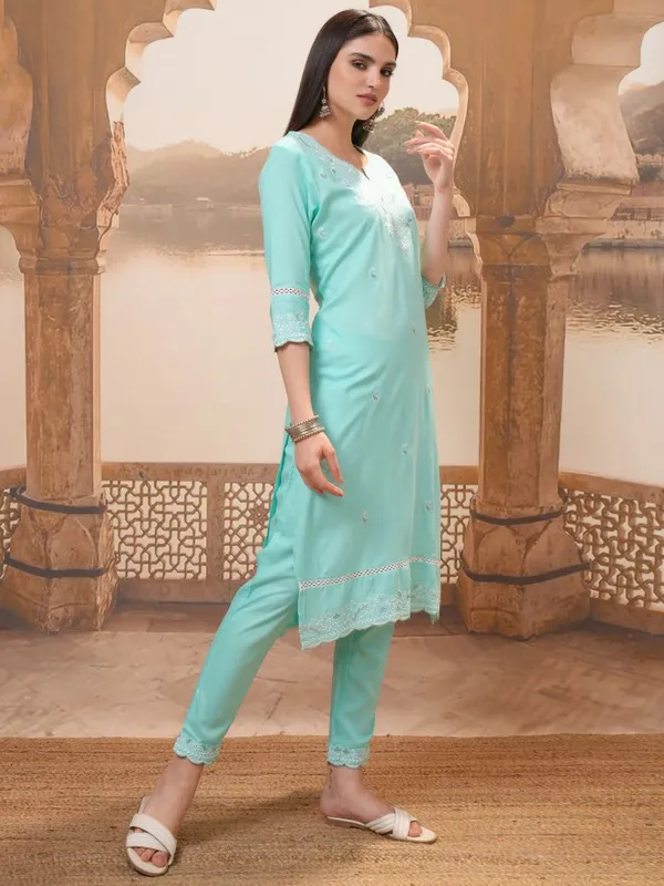 Vishudh Women Turquoise Embroidered Kurta With Trouser And Dupatta