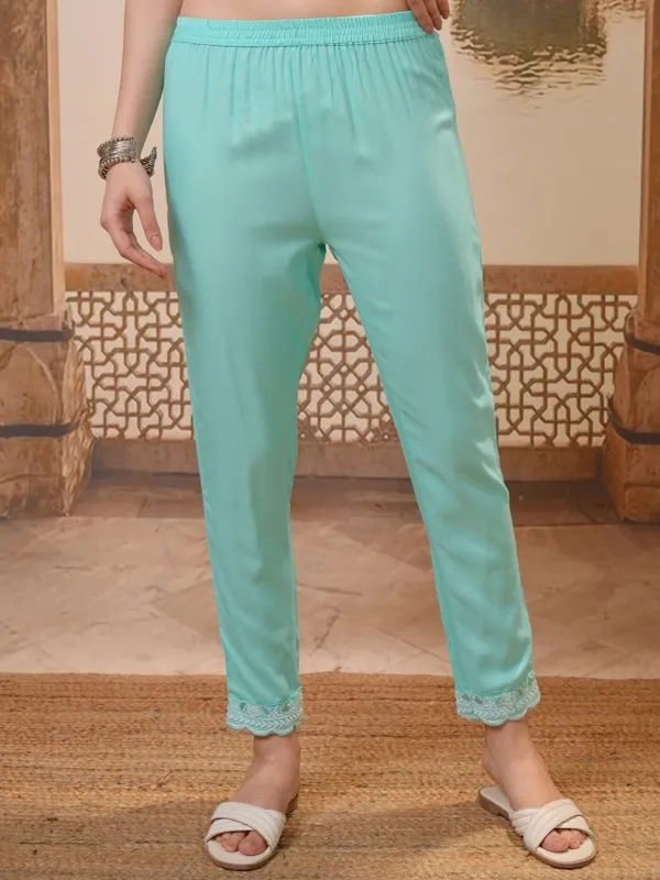 Vishudh Women Turquoise Embroidered Kurta With Trouser And Dupatta