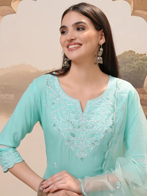 Vishudh Women Turquoise Embroidered Kurta With Trouser And Dupatta