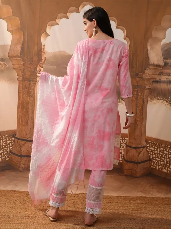 Vishudh Women Pink Embroidered Kurta With Trousers & Dupatta