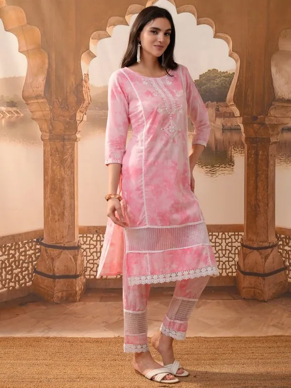 Vishudh Women Pink Embroidered Kurta With Trousers & Dupatta