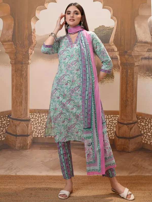 Vishudh Women Green Printed Kurta With Trousers & Dupatta