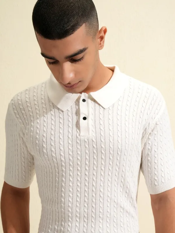 Highlander Men White Self Design Polo Collar T-Shirt
