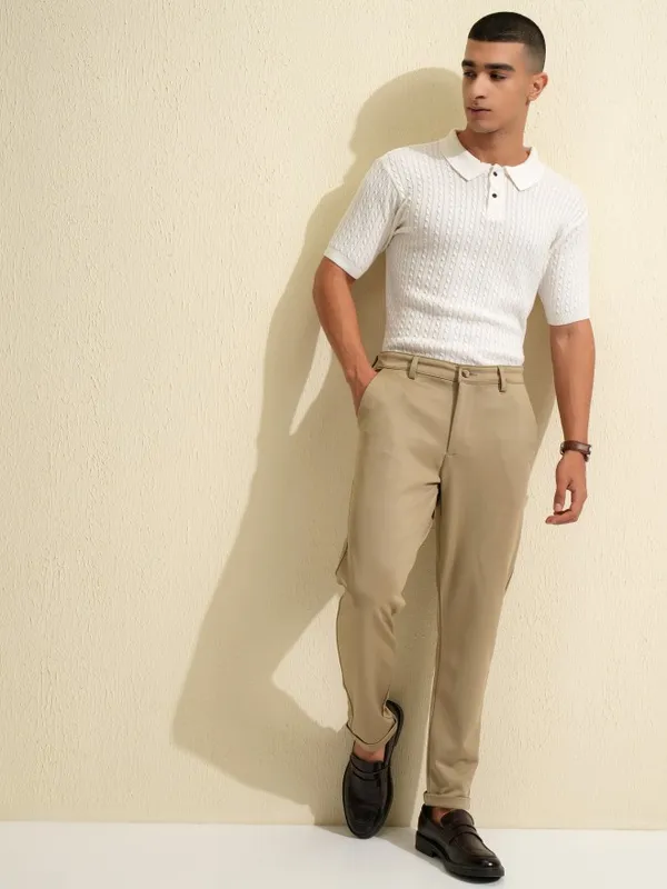 Highlander Men White Self Design Polo Collar T-Shirt
