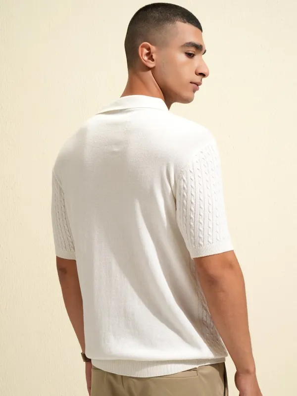Highlander Men White Self Design Polo Collar T-Shirt