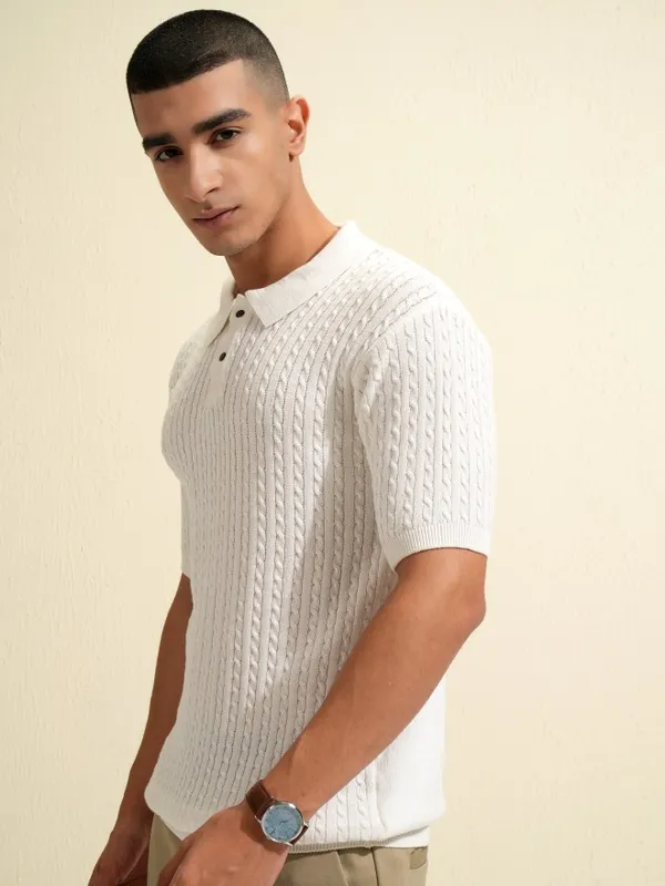 Highlander Men White Self Design Polo Collar T-Shirt