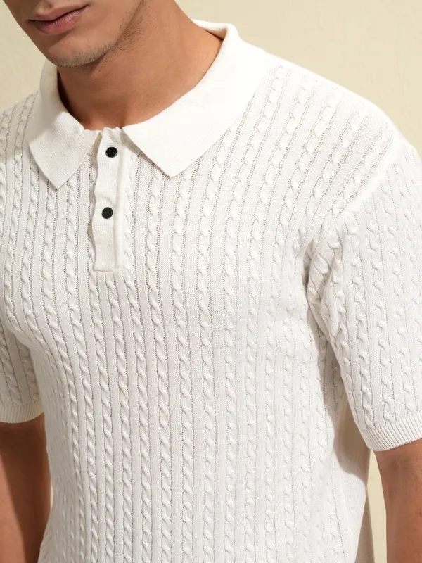 Highlander Men White Self Design Polo Collar T-Shirt
