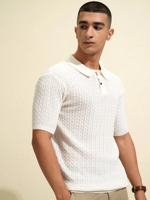 Highlander Men White Self Design Polo Collar T-Shirt