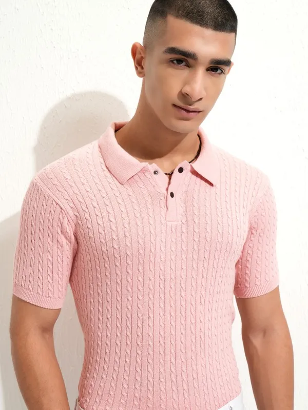 Highlander Men Pink Self Design Polo Collar T-Shirt