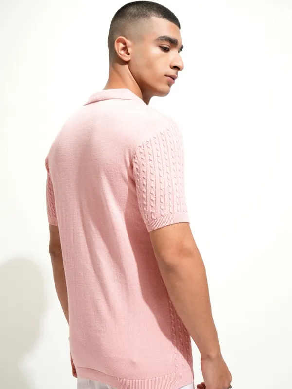 Highlander Men Pink Self Design Polo Collar T-Shirt