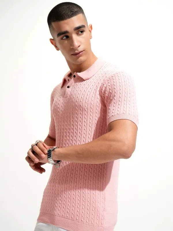 Highlander Men Pink Self Design Polo Collar T-Shirt