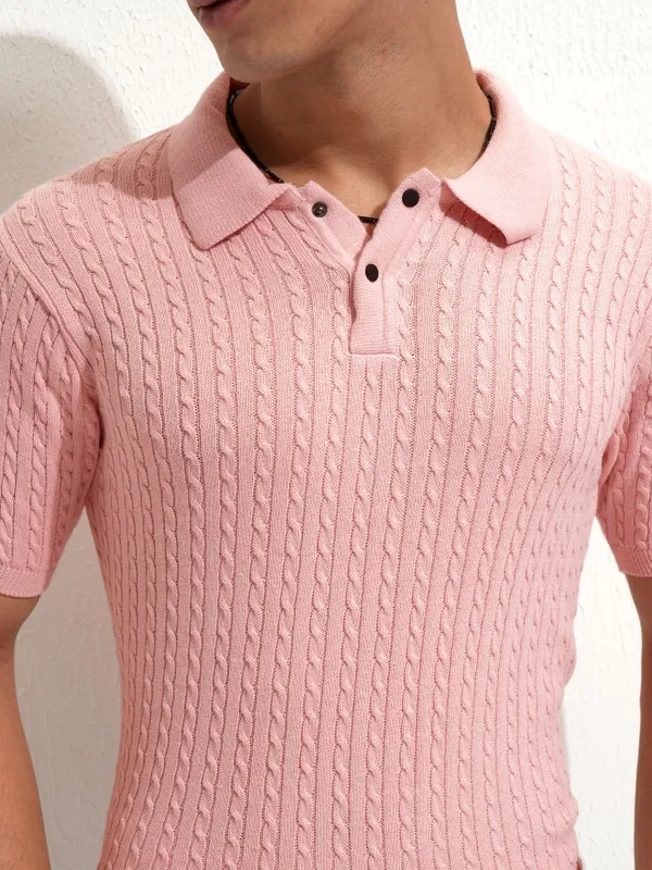 Highlander Men Pink Self Design Polo Collar T-Shirt