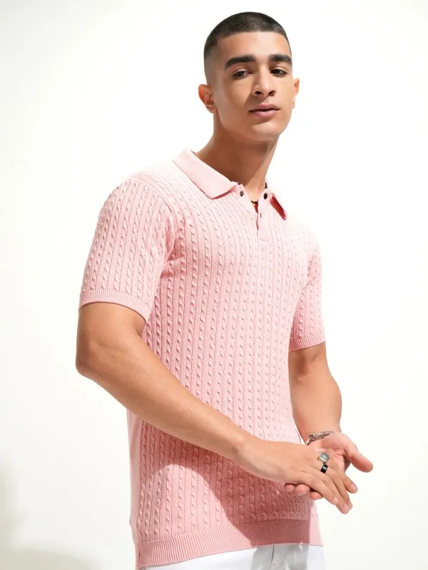 Highlander Men Pink Self Design Polo Collar T-Shirt