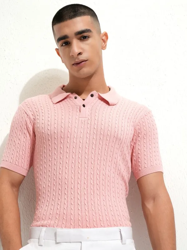 Highlander Men Pink Self Design Polo Collar T-Shirt