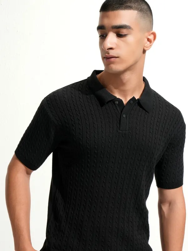 Highlander Men Black Self Design Polo Collar T-Shirt