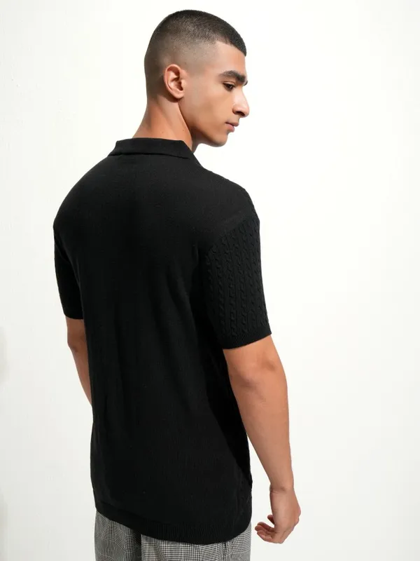 Highlander Men Black Self Design Polo Collar T-Shirt