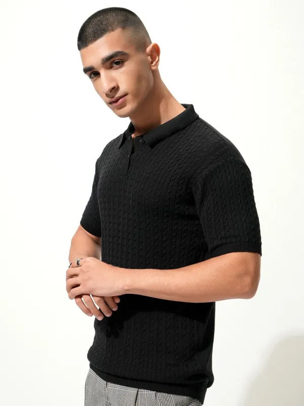 Highlander Men Black Self Design Polo Collar T-Shirt