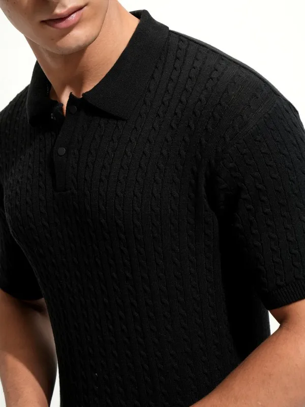 Highlander Men Black Self Design Polo Collar T-Shirt