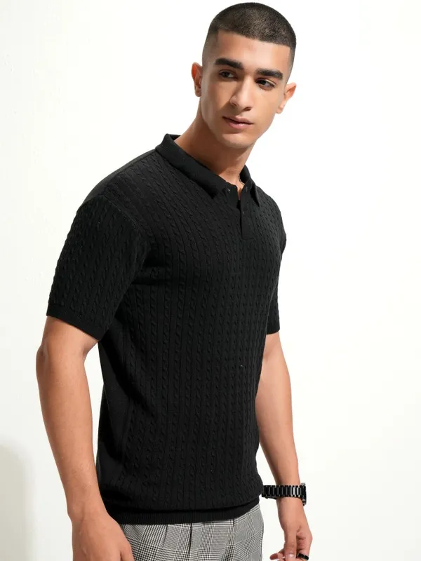 Highlander Men Black Self Design Polo Collar T-Shirt