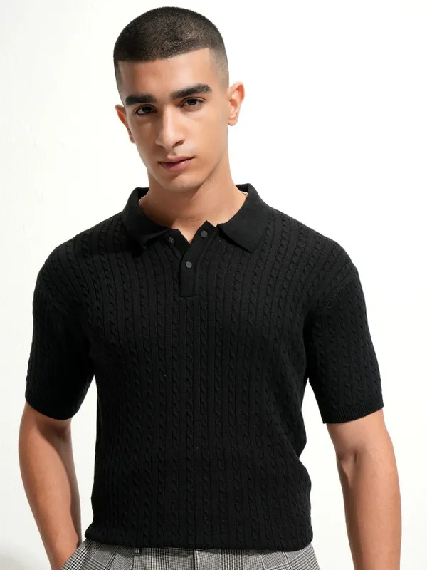 Highlander Men Black Self Design Polo Collar T-Shirt