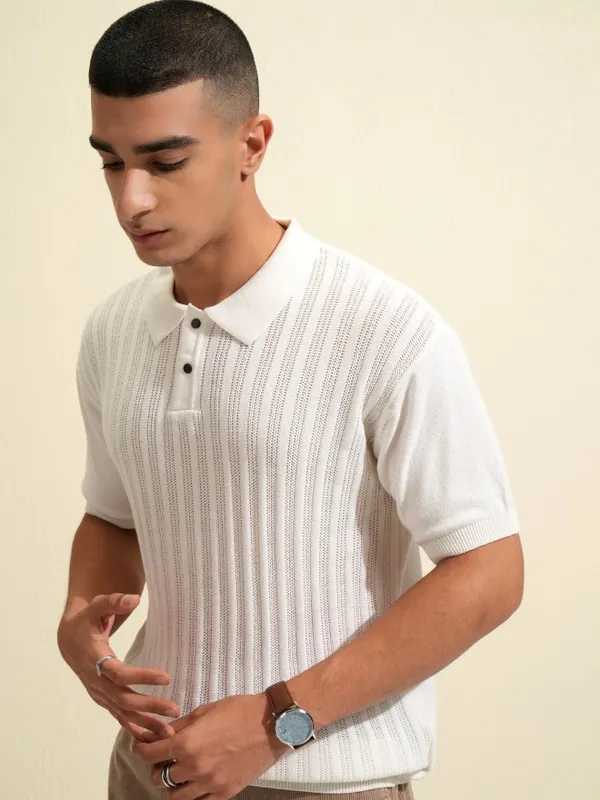 Highlander Men White Solid Polo Collar T-Shirt