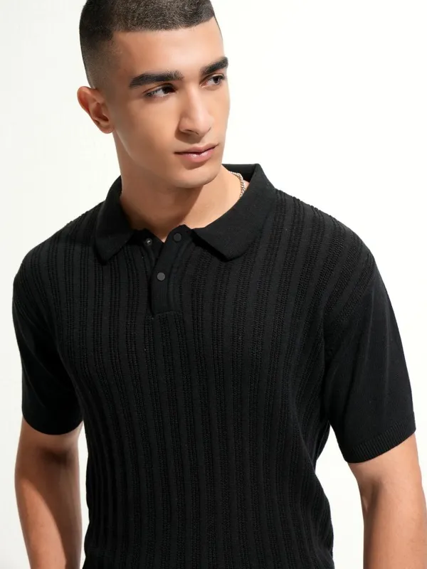 Highlander Men Black Self Design Polo Collar T-Shirt