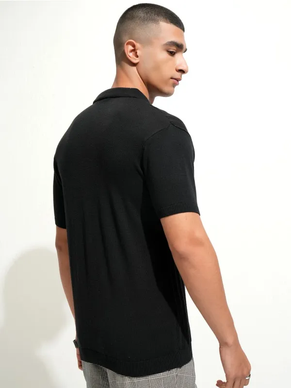 Highlander Men Black Self Design Polo Collar T-Shirt