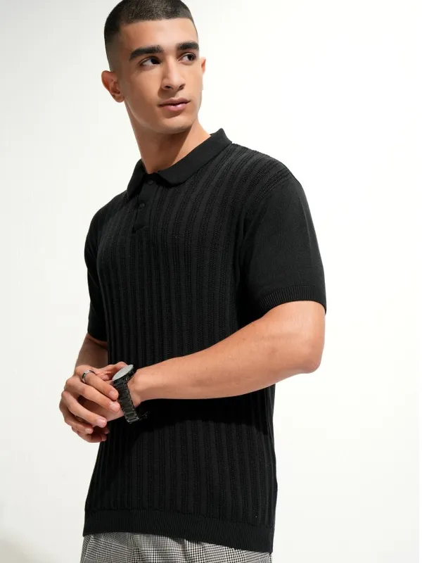 Highlander Men Black Self Design Polo Collar T-Shirt