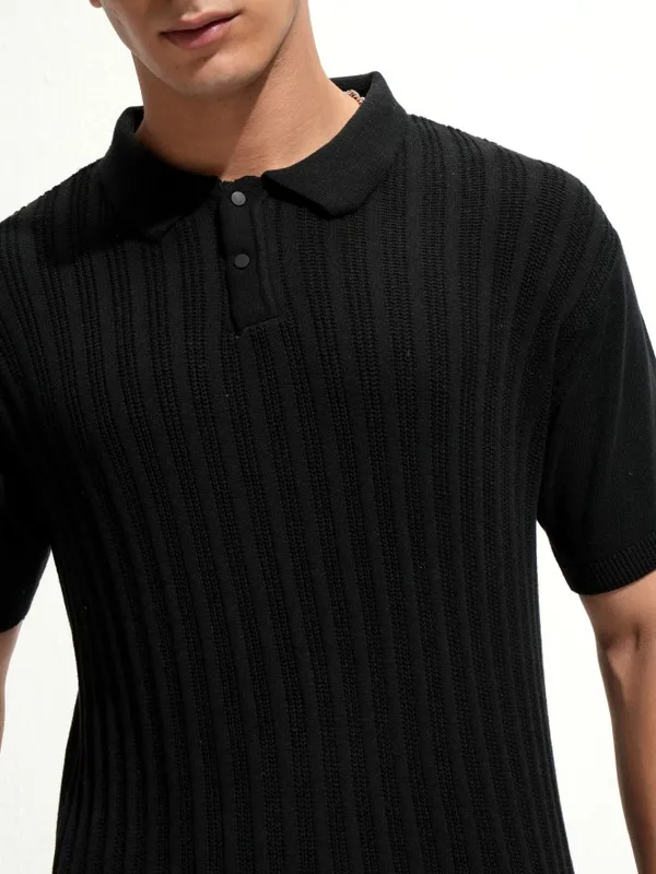 Highlander Men Black Self Design Polo Collar T-Shirt