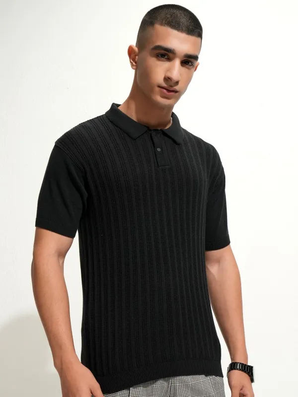 Highlander Men Black Self Design Polo Collar T-Shirt