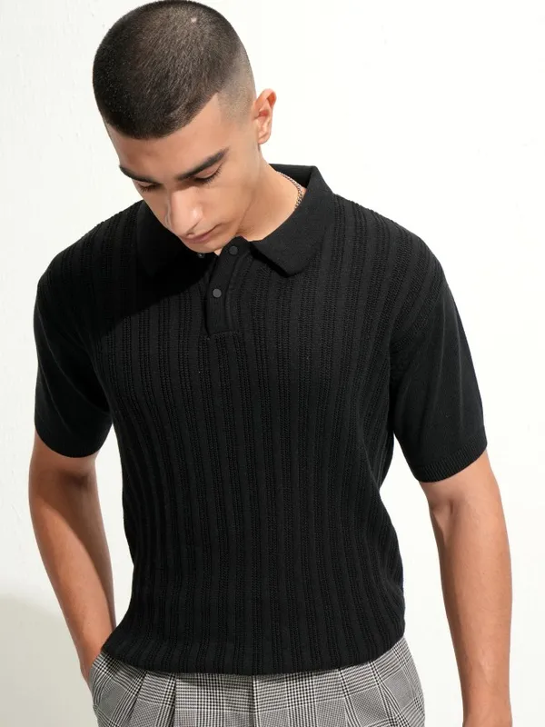 Highlander Men Black Self Design Polo Collar T-Shirt