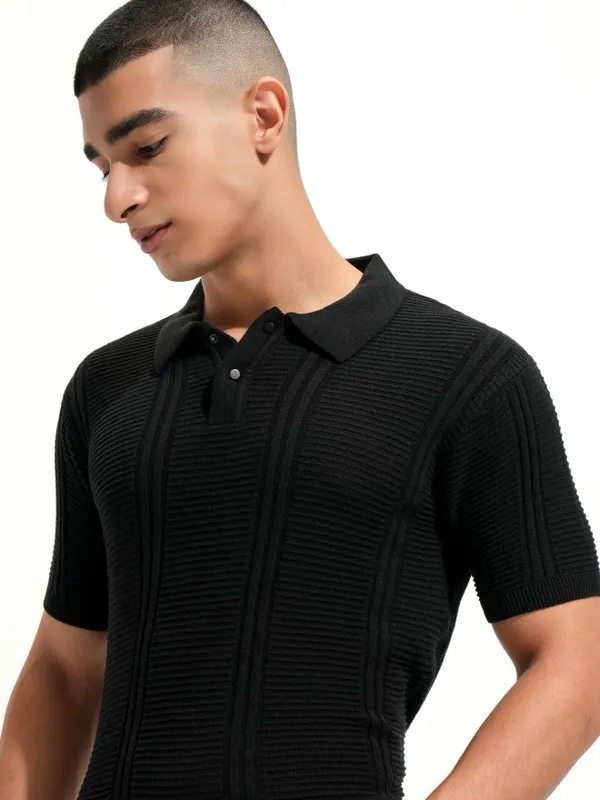 Highlander Men Black Self Design Polo Collar T-Shirt