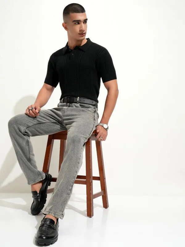 Highlander Men Black Self Design Polo Collar T-Shirt