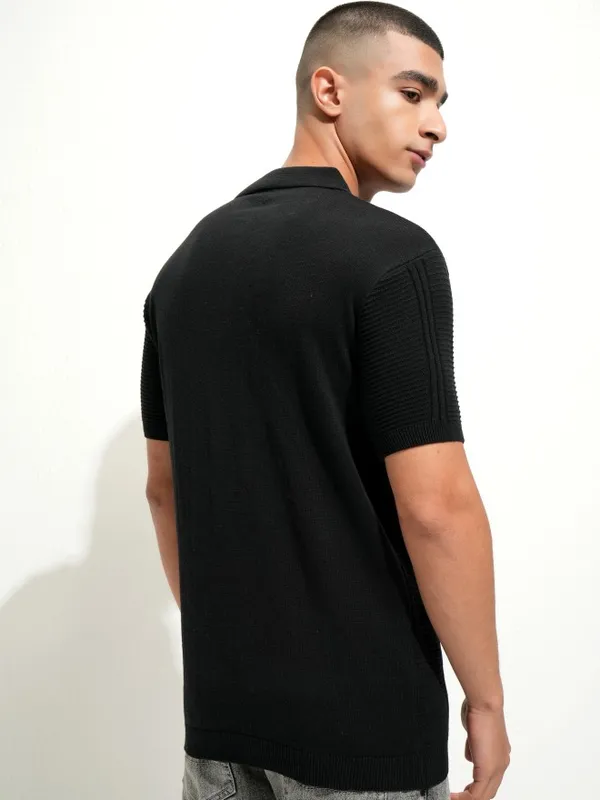 Highlander Men Black Self Design Polo Collar T-Shirt