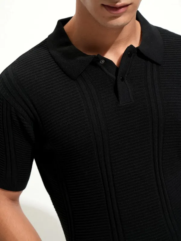 Highlander Men Black Self Design Polo Collar T-Shirt