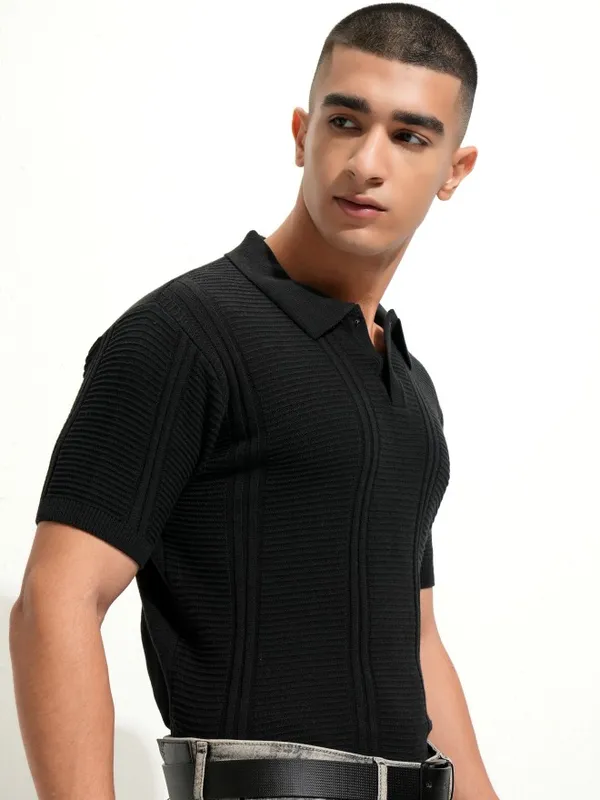 Highlander Men Black Self Design Polo Collar T-Shirt