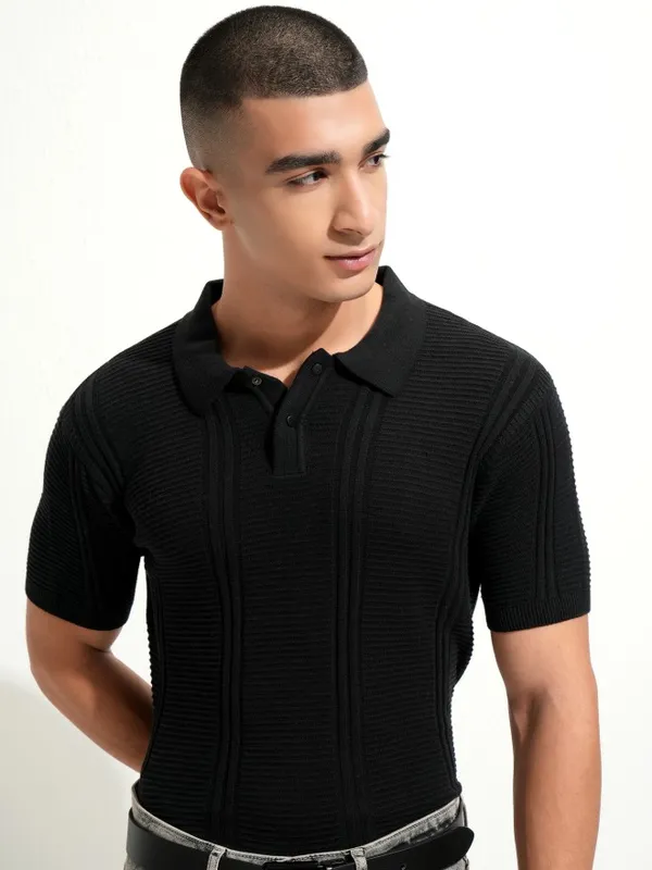 Highlander Men Black Self Design Polo Collar T-Shirt
