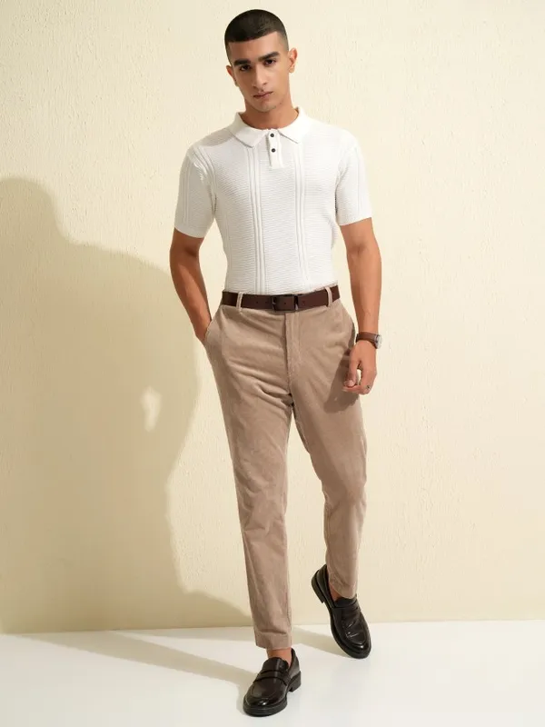 Highlander Men White Self Design Polo Collar T-Shirt