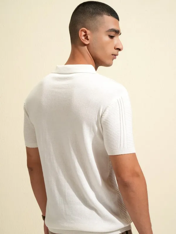 Highlander Men White Self Design Polo Collar T-Shirt