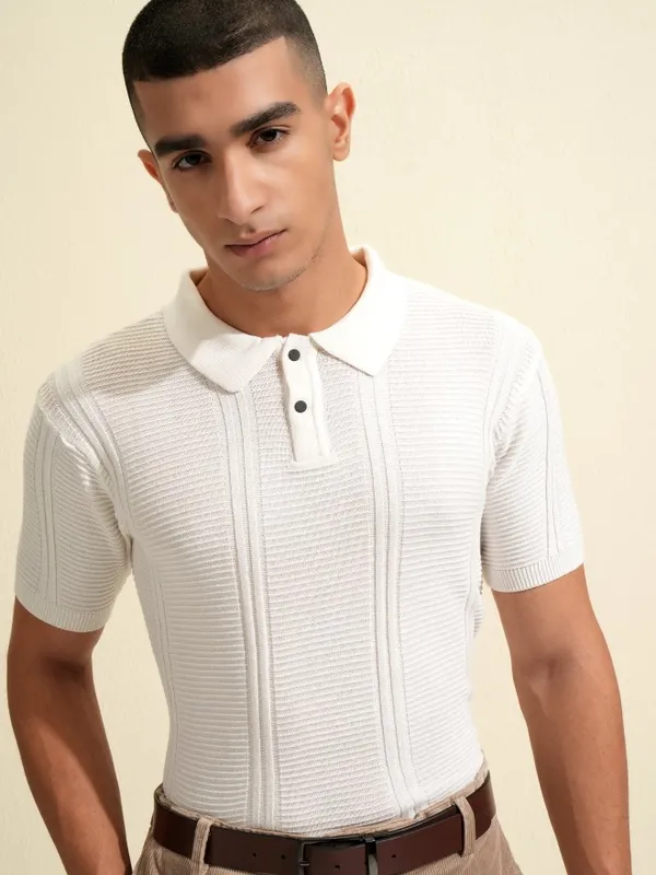 Highlander Men White Self Design Polo Collar T-Shirt
