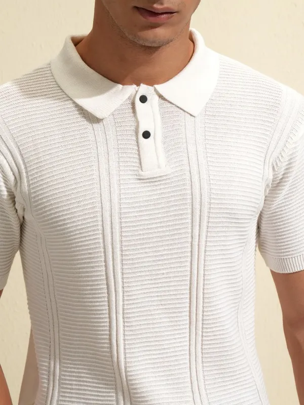 Highlander Men White Self Design Polo Collar T-Shirt