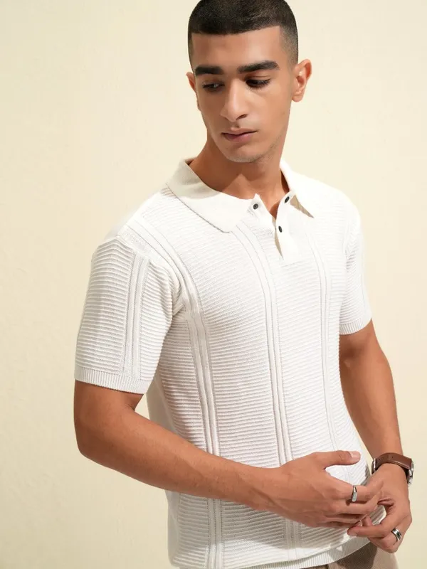Highlander Men White Self Design Polo Collar T-Shirt