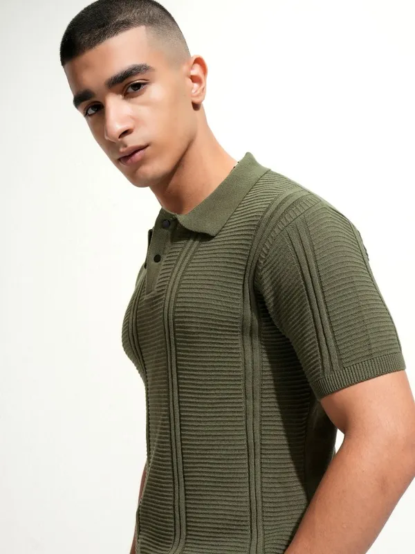 Highlander Men Olive Self Design Polo Collar T-Shirt