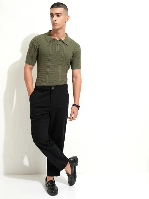 Highlander Men Olive Self Design Polo Collar T-Shirt
