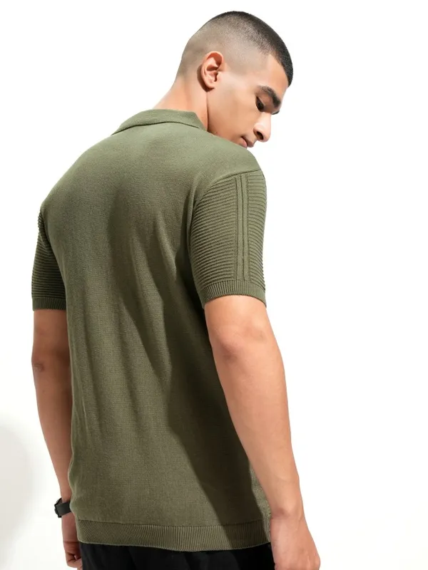 Highlander Men Olive Self Design Polo Collar T-Shirt
